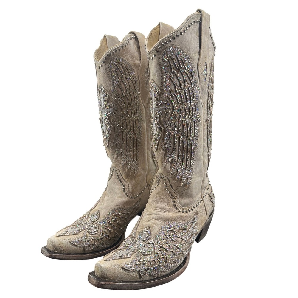 Corral‎ Womens Bone Leather Wing and Cross Crystal Studded Boots A3571 Size 7 M